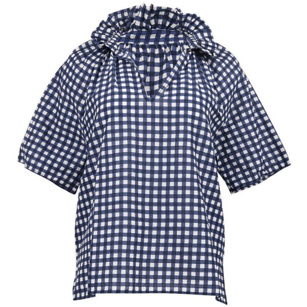 Navy Gingham Ruffle-Trim Blouse - Women